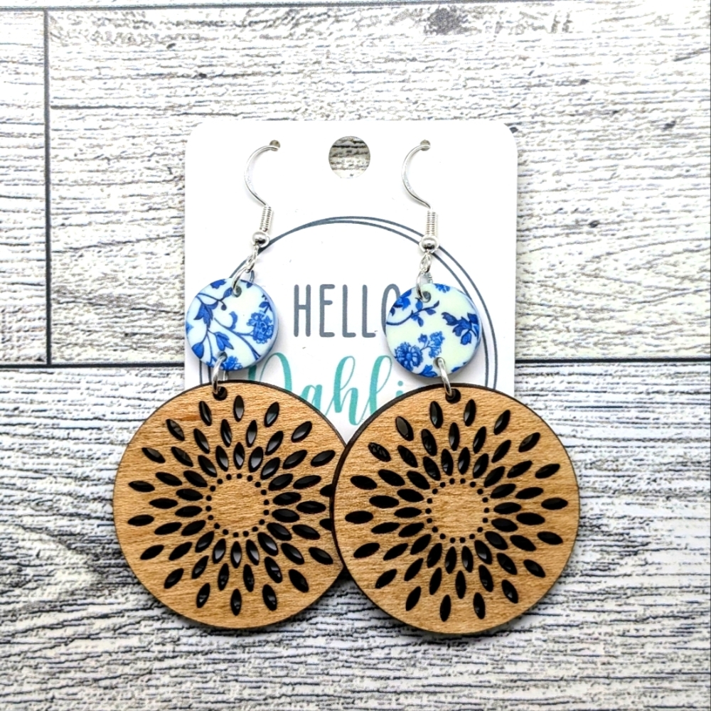 Boho Circle Earrings with Blue floral accent
